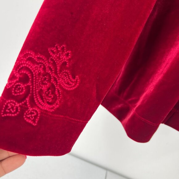 Chico's Size 3 (XL) Red Velvet Embroidered Jacket Open Front Cardigan Holiday Pa - Picture 9 of 12